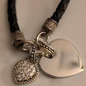 Vintage Black Braided Leather Bracelet with a Decorative Heart-Shaped Charms